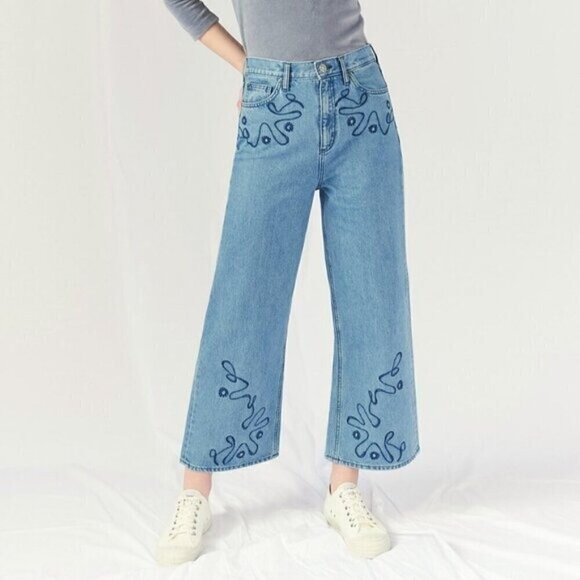 NWT Anthropologie M.i.H Embroidered Wide Leg Light Wash Cropped Jeans Size 24 - Picture 1 of 16